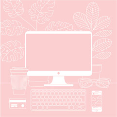 Women workspace. Desktop computer with pot plant, cup of coffee, credit card, keyboard, phone and glasses. Vector illustration