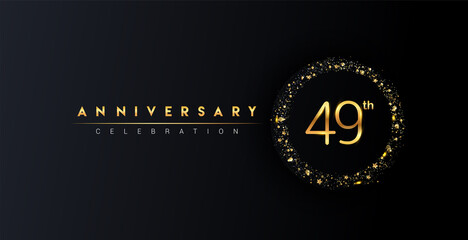 49th anniversary logo with confetti and golden glitter ring isolated on black background, vector design for greeting card and invitation card.