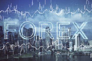 Forex chart on cityscape with skyscrapers wallpaper multi exposure. Financial research concept.