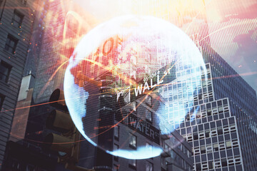 Double exposure of business theme hologram drawing and city veiw background. Concept of success.