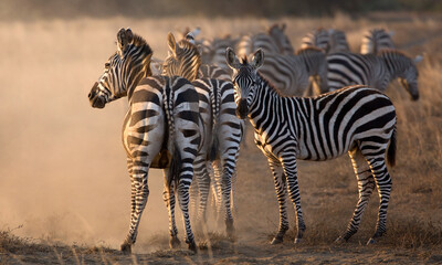 A heard of Zebra (Equus quagga) in the later afternoon, Kenya.