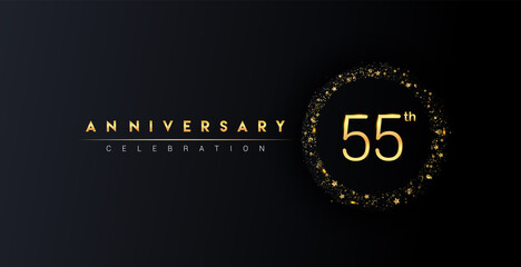 55th anniversary logo with confetti and golden glitter ring isolated on black background, vector design for greeting card and invitation card.