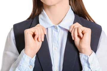 Beautiful young businesswoman on white background