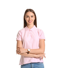 Beautiful young woman in stylish polo shirt on white background