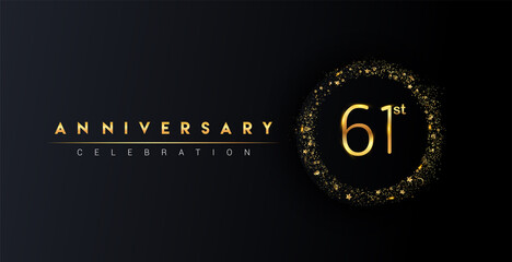 61st anniversary logo with confetti and golden glitter ring isolated on black background, vector design for greeting card and invitation card.