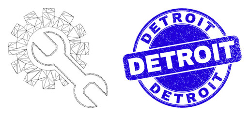 Web mesh setup tools icon and Detroit seal stamp. Blue vector round textured stamp with Detroit phrase. Abstract carcass mesh polygonal model created from setup tools icon.