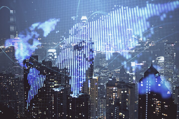 Double exposure of business theme hologram drawing and city veiw background. Concept of success.