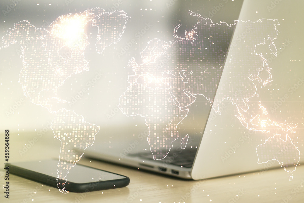 Fototapete multi exposure of abstract graphic world map on modern computer background, big data and networking 