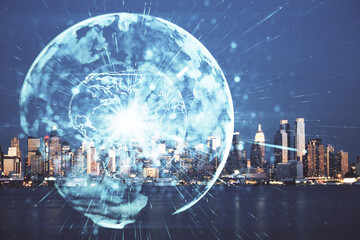 Obraz premium Double exposure of business theme hologram drawing and city veiw background. Concept of success.