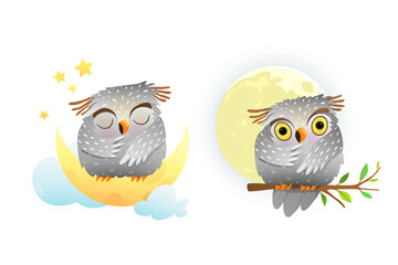 Cute owl sleeping sitting on the moon and night starry sky. And baby owl watching full moon sitting on tree. Watercolor style vector cartoon illustration for kids room decoration or nursery art.