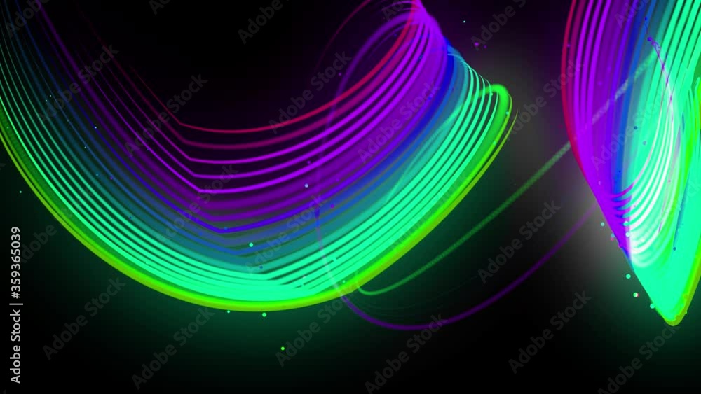 Poster multi-colored neon lines of ribbon fly in the air, smoothly oscillation and wave. lines color change