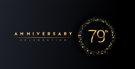 79th anniversary logo with confetti and golden glitter ring isolated on black background, vector design for greeting card and invitation card.