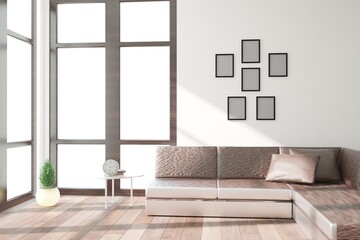 modern room with brown sofa,table,clock and plant interior design. 3D illustration