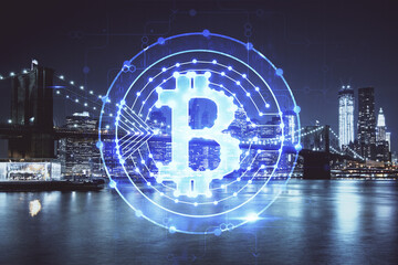 Multi exposure of cryptocurrency theme hologram drawing and city veiw background. Concept of...