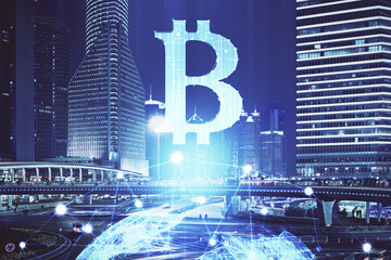Multi exposure of cryptocurrency theme hologram drawing and city veiw background. Concept of...