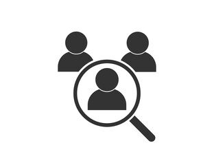 We are hiring. Search for job. Find vacancy. Loupe icon with person silhouette. Look for candidate. Magnifier choosing best worker. Research for new work. Choosing employer. Vector EPS 10.