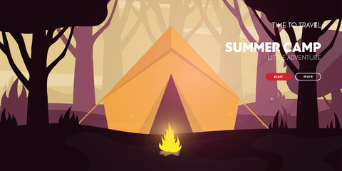 Summer camp. Travel and Adventure. Sunset in the forest. Climbing, Trekking, Hiking, Walking. Campfire Nature landscape.