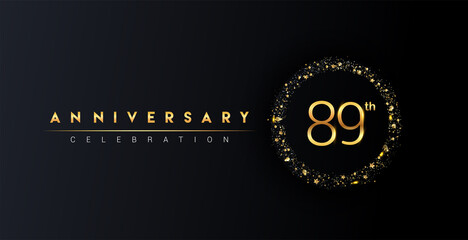 89th anniversary logo with confetti and golden glitter ring isolated on black background, vector design for greeting card and invitation card.