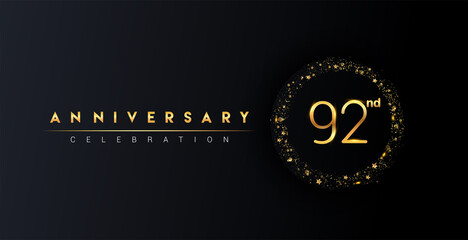 92nd anniversary logo with confetti and golden glitter ring isolated on black background, vector design for greeting card and invitation card.