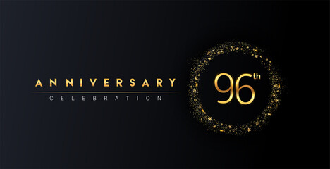 96th anniversary logo with confetti and golden glitter ring isolated on black background, vector design for greeting card and invitation card.
