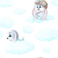 Cute hand drawn Bunny sitting on a cloud seamless pattern background