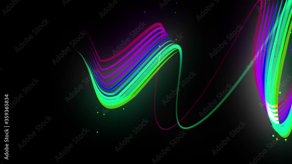 Poster multi-colored neon lines of ribbon fly in the air, smoothly oscillation and wave. lines color change