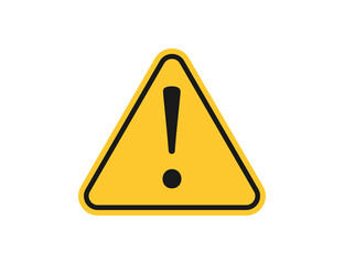 Warning sign with exclamation icon. Danger message with alert symbol. Isolated yellow triangle with attention mark. Caution sign in black flat design. Isolated error label. Vector EPS 10.