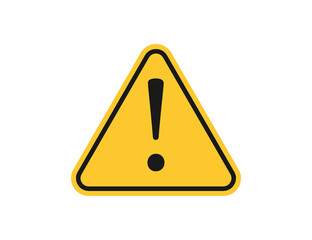 Warning sign with exclamation icon. Danger message with alert symbol. Isolated yellow triangle with attention mark. Caution sign in black flat design. Isolated error label. Vector EPS 10.