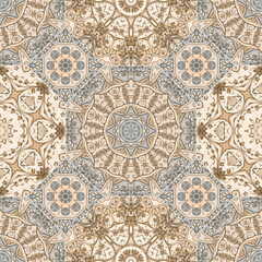 Beautiful Mediterranean pattern of octagonal and square ceramic tiles in light blue and beige colors. Seamless patchwork design. Print for carpet, rug, pillowcase.