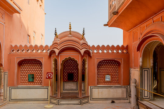 Jaipur, Rajasthan, India; Feb, 2020 : alcove and windows at the Hawa Mahal, Jaipur, Rajasthan, India