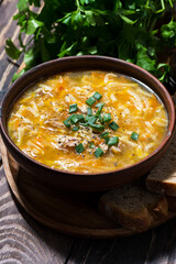 chicken soup with egg noodles in a bowl, closeup