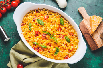 Tasty baked pasta in dish on color background