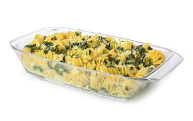 Tasty baked pasta in dish on white background