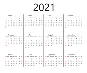 2021 calendar, week starts Sunday. Vector illustration, flat design.