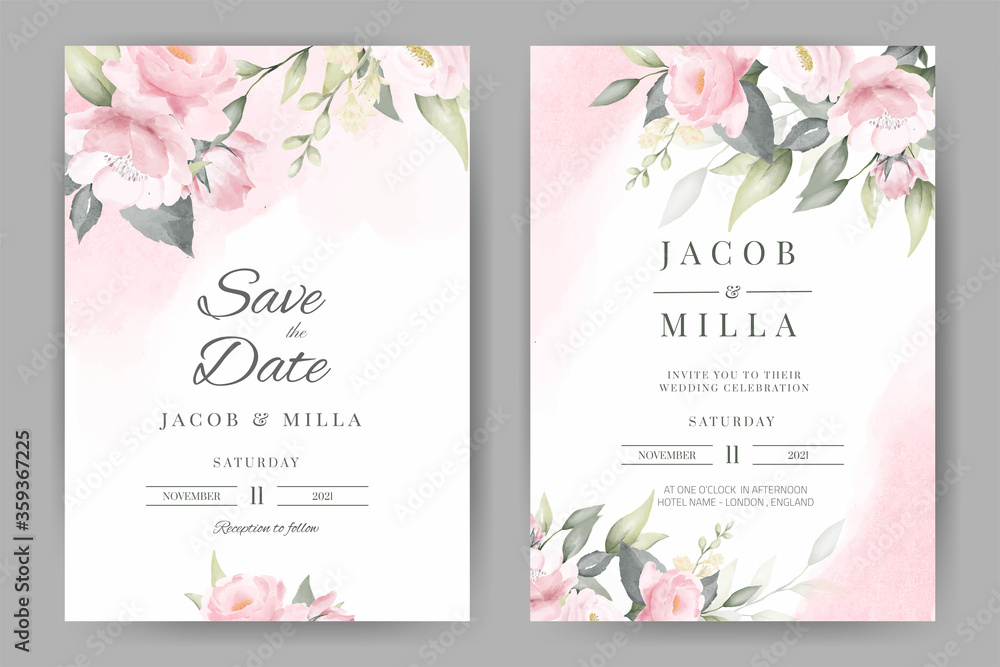 Wall mural rose floral watercolor wedding invitation set card template design with pink watercolor background b