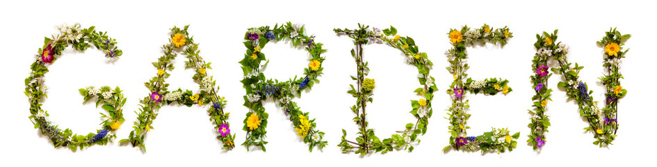 Flower, Branches And Blossom Letter Building English Word Garden. White Isolated Background