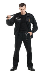 Fototapeta na wymiar Aggressive police officer with baton on white background