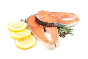 Fresh raw salmon meat and spices isolated on white background