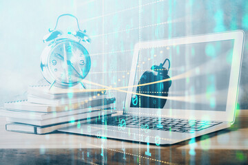 Double exposure of desktop with computer on background and tech theme drawing. Concept of big data.