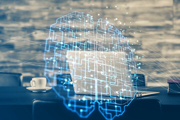 Double exposure of desktop computer and human brain drawing hologram. Ai concept.