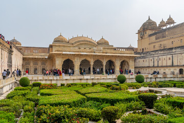 Jaipur, Rajasthan, India; Feb, 2020 : the garden in front of the Seesh Mahal at Amber Fort, Jaipur, Rajasthan, India