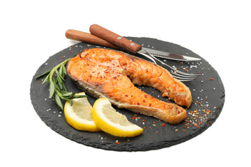 Plate with grilled salmon isolated on white background
