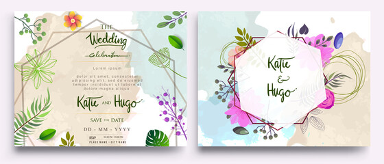 Wedding Invitation, floral invite thank you, rsvp modern card Design: green tropical palm leaf greenery eucalyptus branches decorative wreath & frame pattern. Vector elegant watercolor rustic template