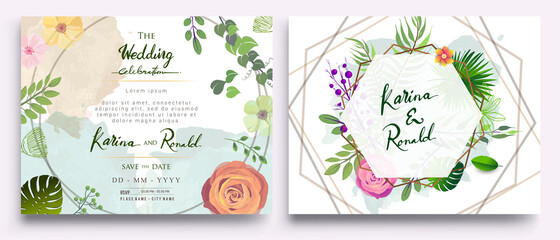 Wedding Invitation, floral invite thank you, rsvp modern card Design: green tropical palm leaf greenery eucalyptus branches decorative wreath & frame pattern. Vector elegant watercolor rustic template