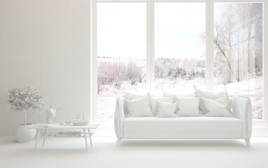 White living room with sofa and winter landscape in window. Scandinavian interior design. 3D illustration