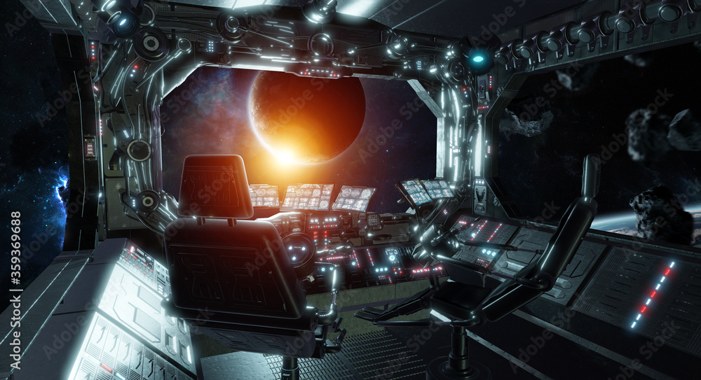 Poster Spaceship grunge interior control room with view on space 3D rendering elements of this image furnished by NASA