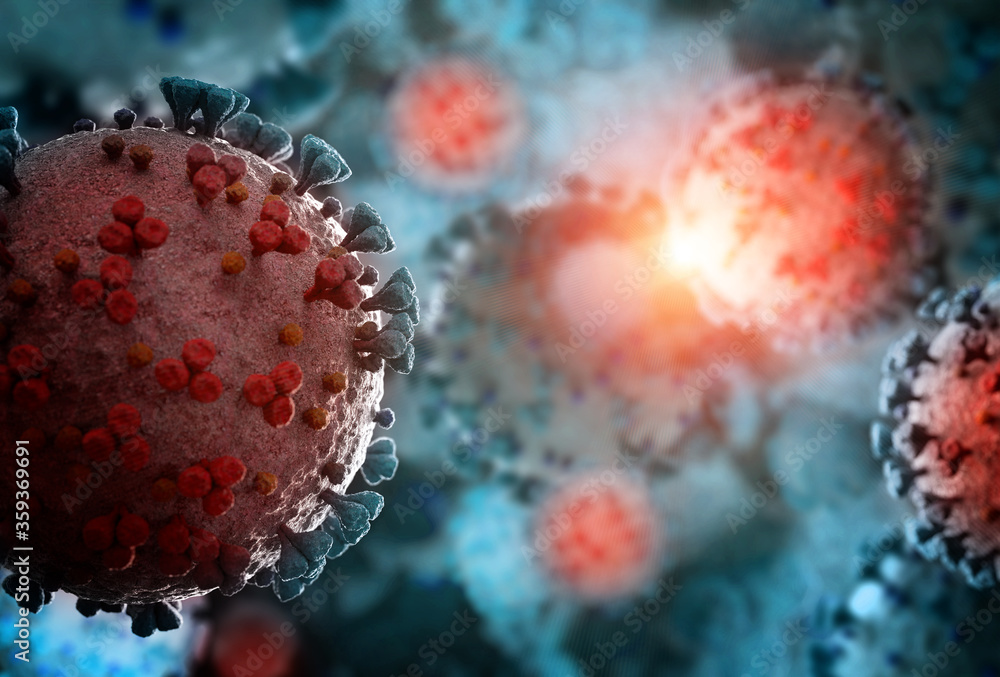 Poster microscope close-up of the coronavirus covid-19 disease. 2019-ncov spreading in body. 3d rendering o