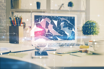 Double exposure of work space with computer and human brain drawing hologram. Brainstorm concept.