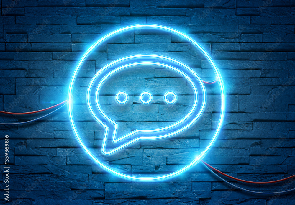 Poster speech bubble neon icon illuminating a brick wall with blue and pink glowing light 3d rendering