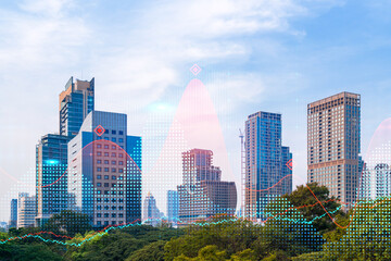 Fototapeta na wymiar Forex and stock market chart hologram over panorama city view of Bangkok, the financial center in Asia. The concept of international trading. Double exposure.